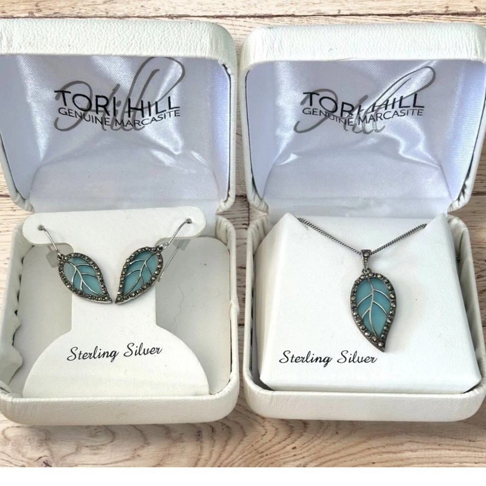 NWT 925 Sterling Silver & Marcasite Leaf Pendant Necklace Earrings Aqua Stone